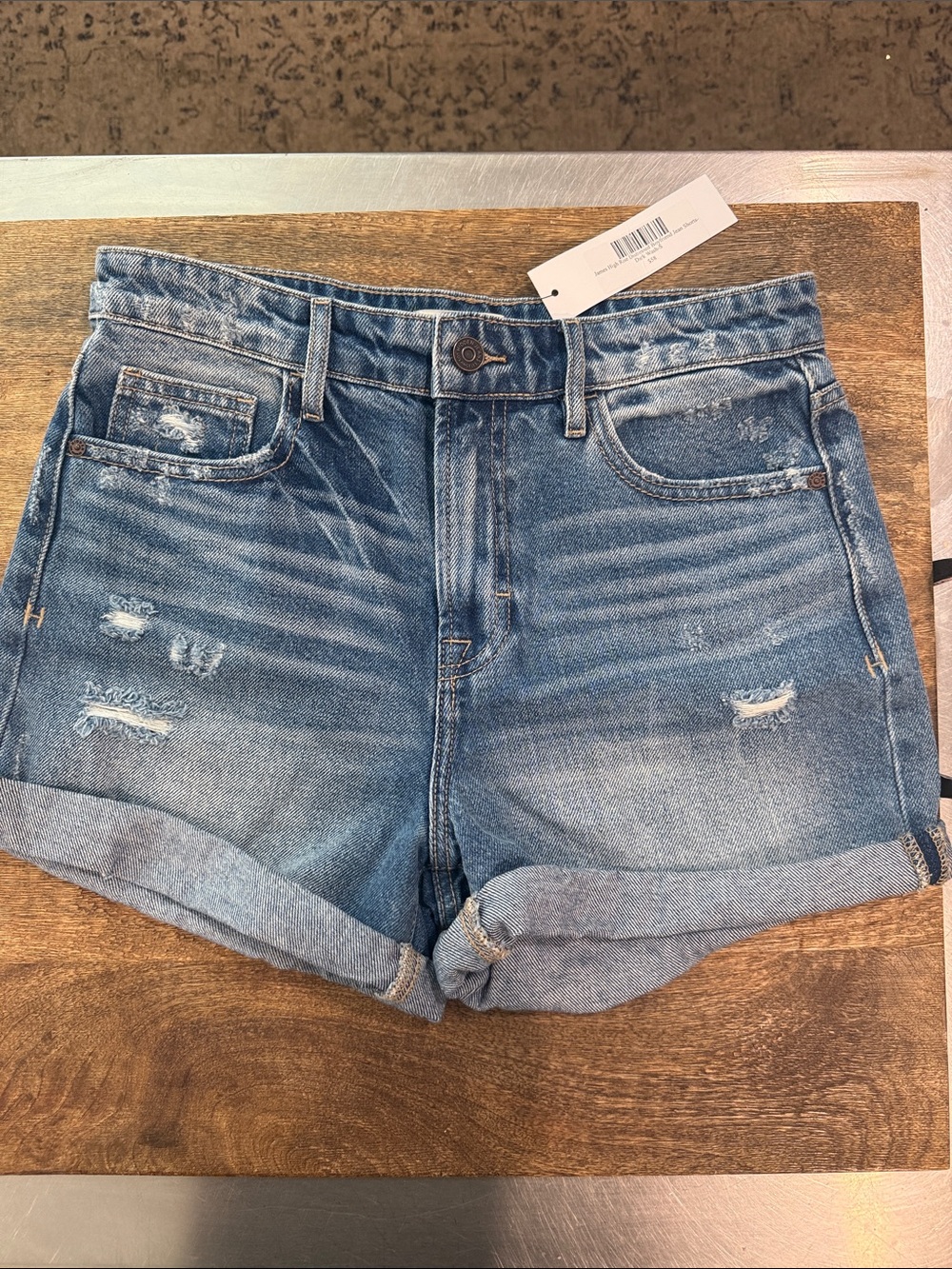High-Rise Distressed Blue Denim Jean Shorts